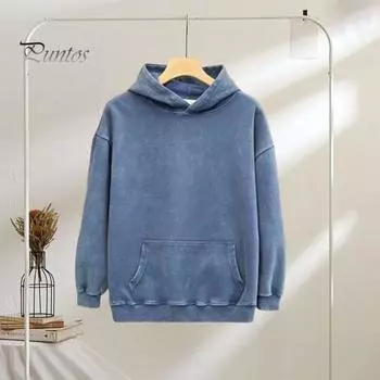 Зимняя толстовка с капюшоном для пары, свободный свитер с капюшоном в стиле ретро, длинный рукав, унисекс, эластичные манжеты, плотная толстовка с капюшоном на осень и весну M чёрный