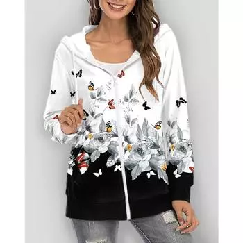 Зимняя толстовка с капюшоном и цветочным принтом в виде бабочек, спортивная одежда, пальто для женщин, толстовки с капюшоном на молнии и 3D-карманами, осенняя женская одежда S