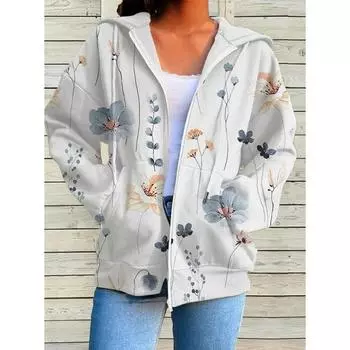 Зимняя толстовка с капюшоном и цветочным принтом в виде бабочек, спортивная одежда, пальто для женщин, толстовки с капюшоном на молнии и 3D-карманами, осенняя женская одежда S
