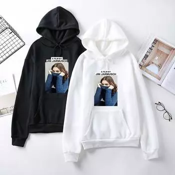 Зимняя толстовка с капюшоном и принтом в виде рисунка, женский пуловер с длинным рукавом в стиле Харадзюку с карманом L белый