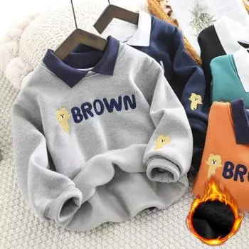 Зимняя толстовка с капюшоном из бархата для мальчиков, рубашка-поло с длинными рукавами, детская одежда средних и больших размеров, имитация двухкомпонентного топа 160 зелёный