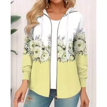 Зимняя толстовка с капюшоном с цветочным принтом, спортивная одежда, пальто для женщин, толстовки с капюшоном на молнии и 3D-карманом, осенняя женская одежда S