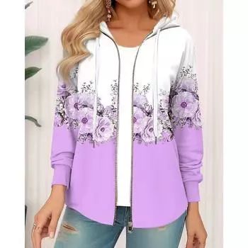 Зимняя толстовка с капюшоном с цветочным принтом, спортивная одежда, пальто для женщин, толстовки с капюшоном на молнии и 3D-карманом, осенняя женская одежда S