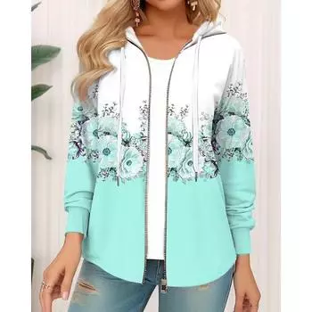 Зимняя толстовка с капюшоном с цветочным принтом, спортивная одежда, пальто для женщин, толстовки с капюшоном на молнии и 3D-карманом, осенняя женская одежда S