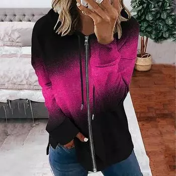 Зимняя толстовка с капюшоном с градиентным принтом, спортивная одежда, пальто для женщин, толстовки с капюшоном на молнии и 3D-карманами, осенняя женская одежда S