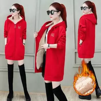 Зимняя толстовка средней длины с капюшоном большого размера 85 кг с добавлением бархата, пальто, толстые теплые повседневные свободные женские толстовки с капюшоном, топы 4XL красный