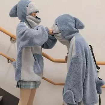 Зимняя толстовка, свободная, контрастного цвета, плюшевая с капюшоном, с мультяшным рисунком, сохраняет тепло, большой карман, в форме акулы, для женщин и мужчин XL розовый