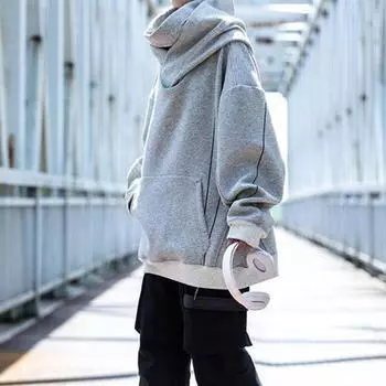 Зимняя толстовка унисекс с капюшоном и защитой шеи, высокий воротник и капюшон в стиле хип-хоп, свободный размер M серый