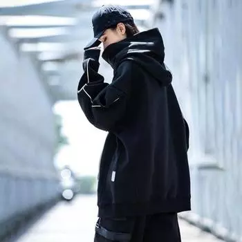 Зимняя толстовка унисекс с капюшоном и защитой шеи, высокий воротник и капюшон в стиле хип-хоп, большой передний карман, утепленная верхняя одежда для отдыха M чёрный