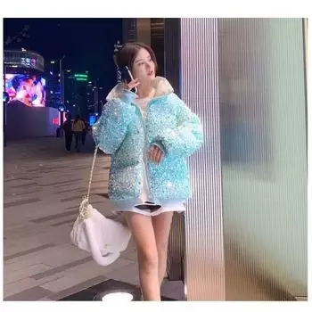 Зимняя тяжелая промышленность расшитая блестками одежда для хлеба новая молодая стойка воротник короткая маленькая утолщенная хлопковая одежда женская S size, recommended 45kg-52.5kg синий