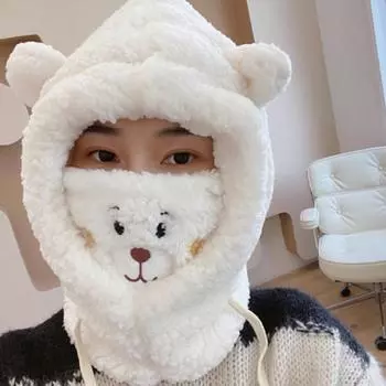 Зимняя трендовая милая мультяшная шапка-шапка, шапка с ягненком, плюшевая шапка, теплая утолщенная защита ушей с теплой маской для женщин One size белый