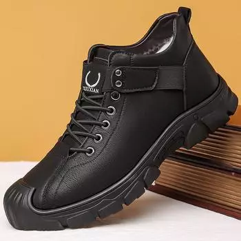 Зимняя уличная походная спортивная обувь на меховой подкладке для мужчин. Теплые зимние ботинки на флисовой подкладке. Повседневные кожаные высокие кроссовки для мужчин. Короткие ботинки без шнуровки. 38