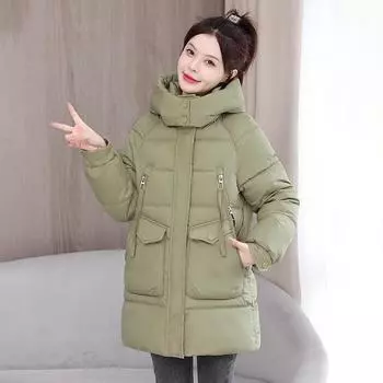 Зимняя универсальная модная куртка средней длины из хлопка для женщин, однотонная, с капюшоном, толстая теплая парка, элегантная свободная верхняя одежда на молнии M чёрный