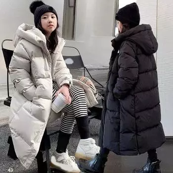 Зимняя утепленная длинная куртка для девочек, повседневная, с капюшоном и молнией, теплая верхняя одежда 120 чёрный