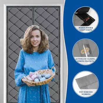 Зимняя утепленная дверная штора с магнитным покрытием, не прокалывающая, ветрозащитная, водонепроницаемая, звукоизоляционная, толстая, стеганая, тепловая S серый