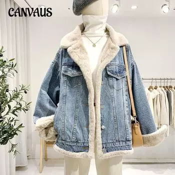Зимняя утепленная джинсовая куртка с подкладкой, женская свободная повседневная куртка больших размеров с двумя сторонами