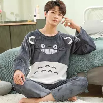 Зимняя утепленная фланелевая мужская пижама с длинными рукавами, коралловый бархат, домашняя одежда, ночная одежда с рисунком медведя, одежда для отдыха L