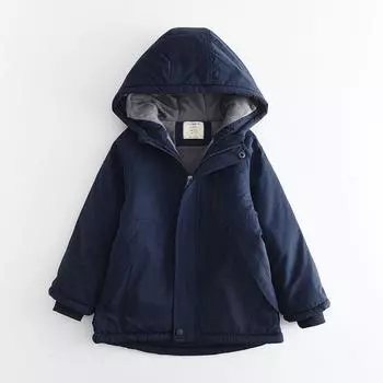 Зимняя утепленная хлопковая куртка с капюшоном для мальчиков, однотонная повседневная куртка с длинными рукавами для детей среднего и большого возраста 160