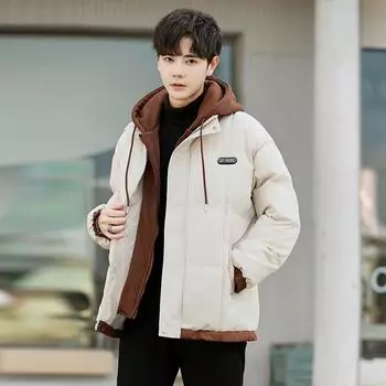 Зимняя утепленная хлопковая одежда с подкладкой Мужская свободная одежда из хлеба Модная искусственная двухкомпонентная куртка из хлопка с капюшоном из бархата M чёрный