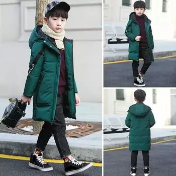 Зимняя утепленная куртка для мальчиков с капюшоном, свободная, повседневная, средней длины, верхняя одежда 170