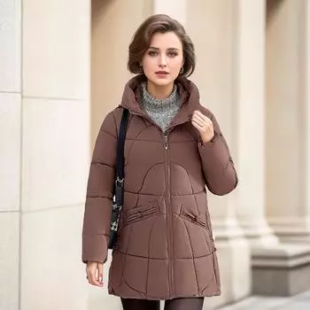 Зимняя утепленная куртка для мам средней длины и длины в этническом стиле, свободная куртка большого размера с пуховиком L темно-коричневого