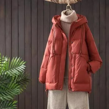 Зимняя утепленная куртка-пуховик с капюшоном для женщин 2024 года, новая свободная и универсальная теплая куртка средней и длинной длины на белом утином пуху M хаки