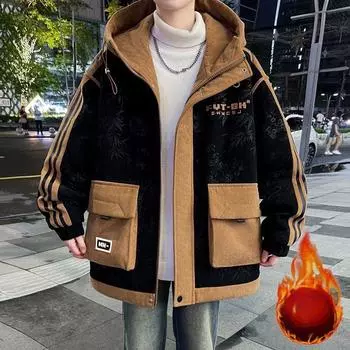 Зимняя утепленная куртка с флисовой подкладкой, мужская новая модная утепленная молодежная куртка в гонконгском стиле с большим карманом и хлопковой подкладкой S чёрный