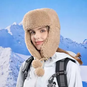 Зимняя, утепленная, непромокаемая, теплая, шапка-бомбер, толстая, плюшевая, женская, для катания на лыжах, ветрозащитная, с большой головой бежевый