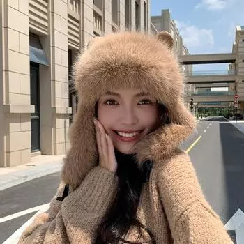 Зимняя утепленная плюшевая теплая шапка Thunderbolt для езды на велосипеде, ветрозащитная защитная шапка для ушей, симпатичная женская шапка с баской бежевый