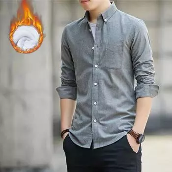 Зимняя утепленная рубашка с подкладкой, мужская, с длинным рукавом, SlimFit, повседневная, деловая, однотонная, белая рубашка M белый