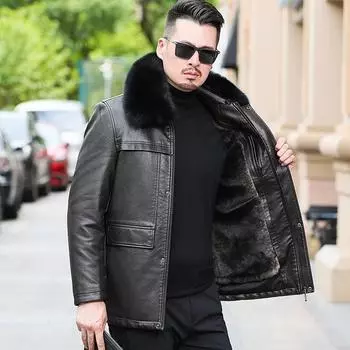 Зимняя утепленная съемная куртка из кожи на флисовой подкладке для мужчин среднего возраста и средней длины с воротниками из овчины 170