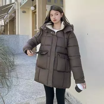Зимняя утепленная с капюшоном теплая пуховая хлопковая одежда женская корейская версия хлебная одежда кофейное модное пальто M чёрный