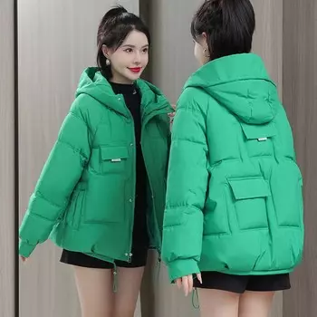 Зимняя утепленная свободная парка с капюшоном, женская повседневная однотонная хлопковая куртка с большим карманом, короткая универсальная верхняя одежда M синий