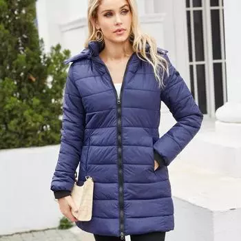 Зимняя утепленная женская парка на молнии, однотонное пальто, повседневная куртка с длинным рукавом, женская куртка средней длины, тонкое пальто S чёрный