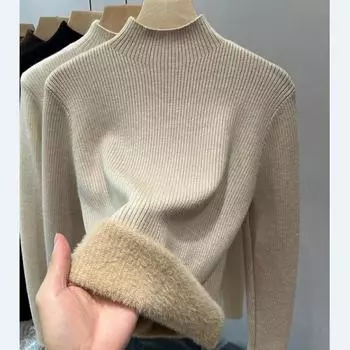 Зимняя утолщенная бархатная трикотажная нижняя рубашка для женщин, цельный бархатный полуводолазный свитер, теплый внутренний топ one Size чёрный