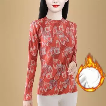 Зимняя утолщенная интегрированная бархатная рубашка для женщин с облегающей внутренней теплой футболкой, модный и модный топ с принтом для мам M