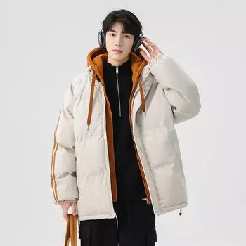 Зимняя утолщенная корейская версия трендового бренда поддельные два стеганых молодых повседневных мужских пальто M чёрный