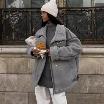 Зимняя утолщенная куртка из овечьей шерсти, новая байкерская куртка из овчины, женская теплая свободная верхняя одежда S серый