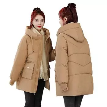 Зимняя утолщенная средняя и длинная хлопковая утепленная одежда женская новая свободная куртка большого размера с капюшоном на хлопковой подкладке в иностранном стиле M recommends about 85 to 55 kg чёрный