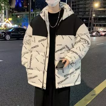 Зимняя утолщенная теплая хлопковая одежда с подкладкой для пар, свободная одежда для хлеба, модная поддельная двухкомпонентная хлопковая одежда с капюшоном, куртка для мужчин M