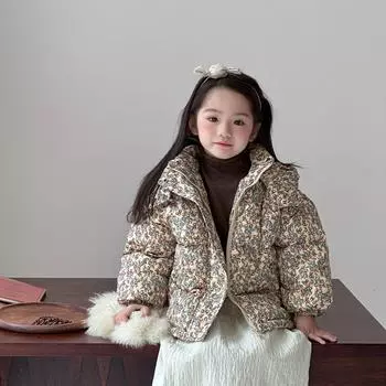 Зимняя утолщенная теплая куртка-пуховик для девочек, спортивная куртка с капюшоном и цветочным принтом 130 белый