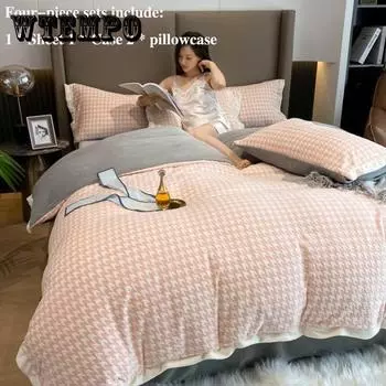 Зимняя утолщенная теплая молочная бархатная кровать, четыре комплекта простых детских бархатных простыней с тысячами птиц Queen