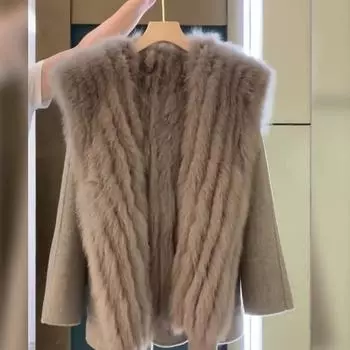 Зимняя утолщенная теплая одежда с хлопковой подкладкой, теплая лисья шерсть, женская верхняя одежда, женская, с обеих сторон, шерстяное пальто с капюшоном M коричневый