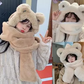 Зимняя утолщенная теплая плюшевая шапка с медвежьими ушками, супермягкая универсальная шапка-шарф для предотвращения холодной погоды для женщин белый