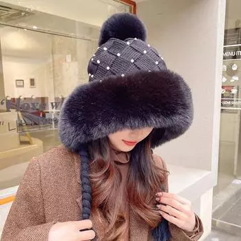 Зимняя утолщенная теплая вязаная шапка из жареного теста с жемчугом, корейская шапка Chaonet, красная ветрозащитная, для защиты ушей, шерстяная шапка 55-59cm покинуть белый