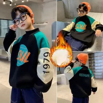 Зимняя утолщенная толстовка для мальчиков с детским принтом и надписями, утепленная верхняя часть 170 чёрный
