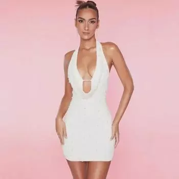 «Зимняя узкая юбка 2024 года с открытой спиной, украшенная бисером и глубоким V-образным вырезом» M белый