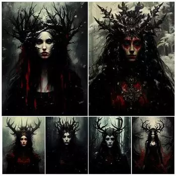 Зимняя ведьма в снегу, винтажная настенная живопись на холсте, загадочная лесная королева, художественный постер и принт, украшение для дома без рамки 21*30cm