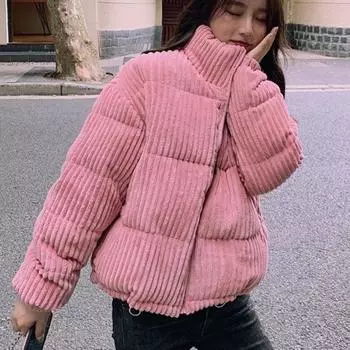Зимняя вельветовая женская утолщенная куртка, модная однотонная куртка с воротником-стойкой, теплые женские куртки с хлопковой подкладкой S розовый