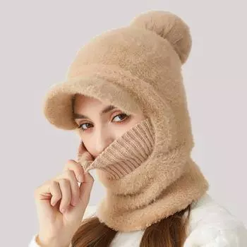 Зимняя велосипедная шапка с интегрированным защитным экраном для лица и утеплителем для шеи с короткими полями, ветрозащитная кремовый